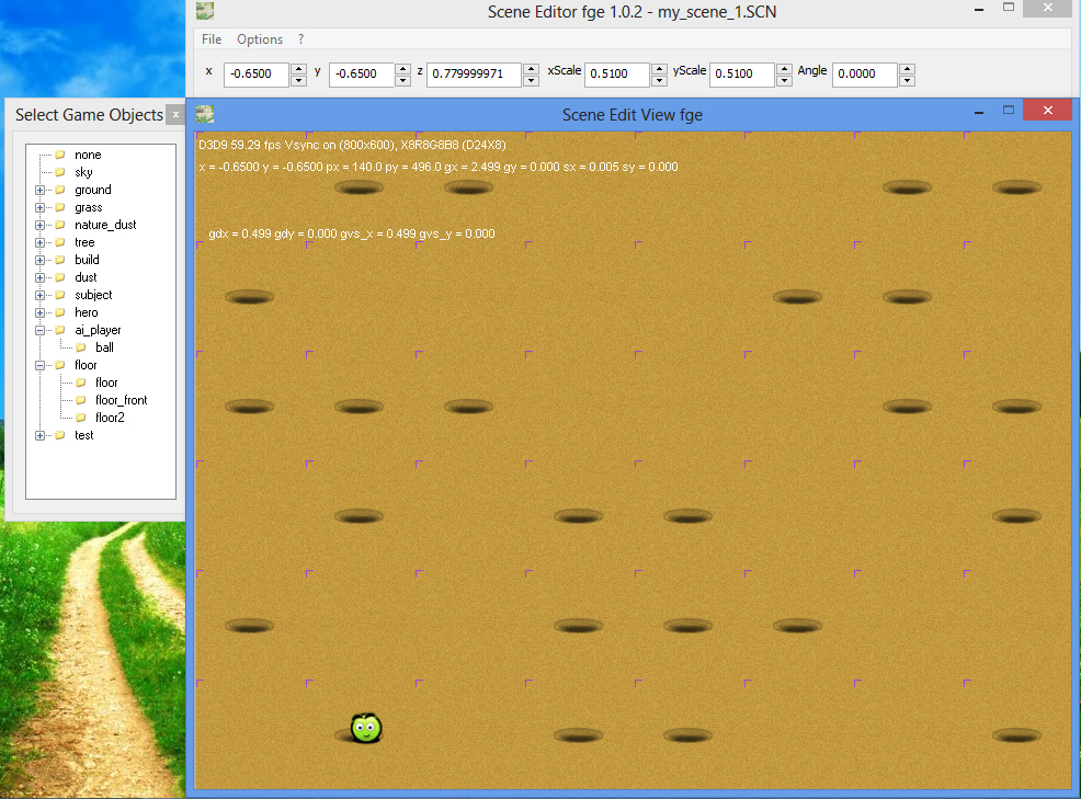 Creating new game scene in fle game engine - the scenes editor Scene Editor 1.0.2 - ball over sand blocks at the bottom of the scene
