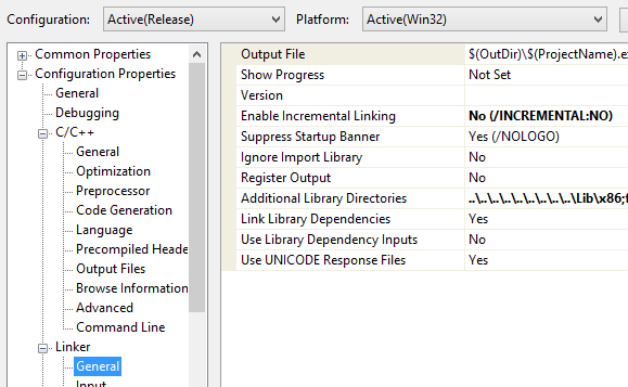 project properties Additional Library Directories