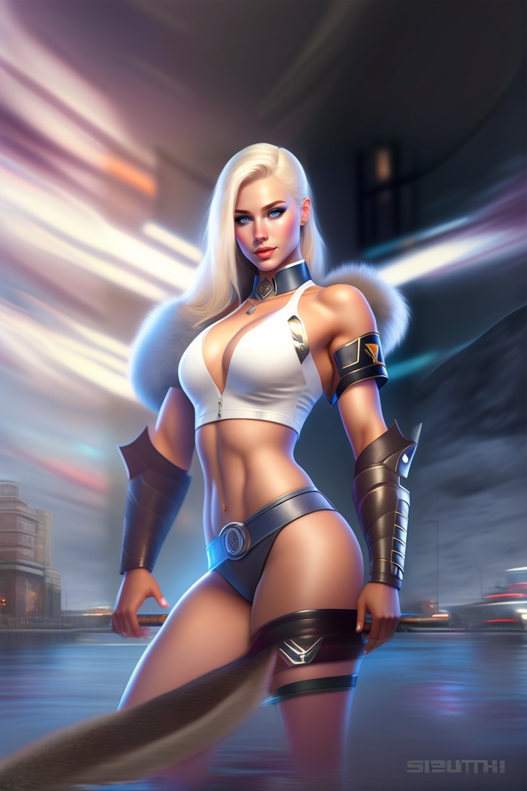 20 year old female, Platinum blonde hair, blue eyes, Broad shoulders, Hyper realistic, Urban setting, Sexy, 160 pounds - outpaint -  4