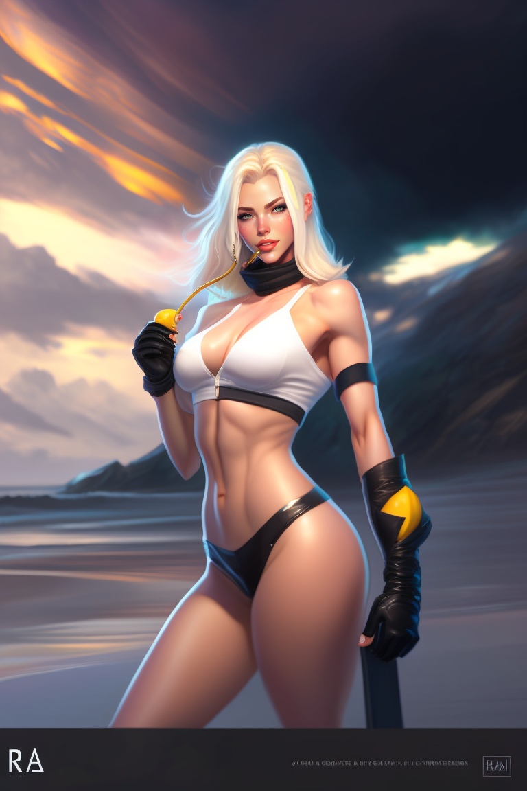 a beautiful award-winning aesthetic commission of an anthro entire body white blonde woman eating a banana in a bikini wearing a black padded hooded puffer jacket, digital art, art by artgerm, character design by Charles Bowater, ross Tran, photorealistic, detailed face, hyperdetailed, western comic,2021,artstation, Deviantart, where her back is shown -  2