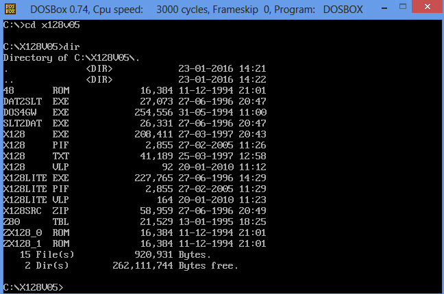  DosBox 0.74  dos  - cd x128v05,     x128v05, dir -    