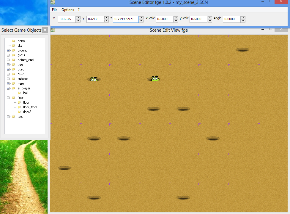 Creating new game scene in fle game engine - the scenes editor Scene Editor 1.0.2 - scene is ready - ball in hole